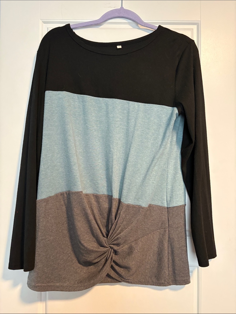 Colorblock Twist-Knot Long Sleeve Top - Black, Blue, Gray